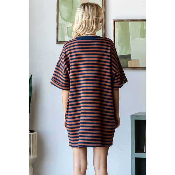 Stripe Knit Pullover Oversized Tee Dress #V002