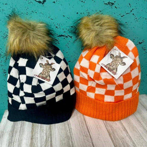 Checkered Fur Pom Beanies #CH02