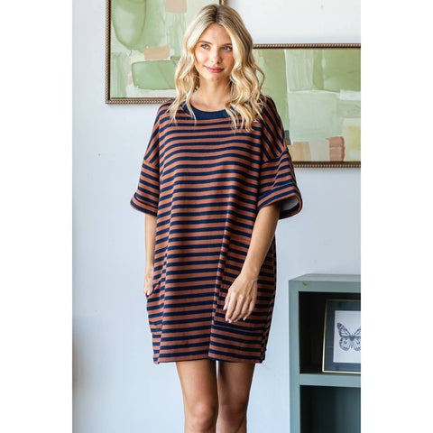 Stripe Knit Pullover Oversized Tee Dress #V002