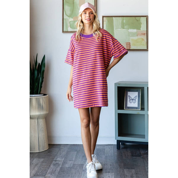 Stripe Knit Pullover Oversized Tee Dress #V002