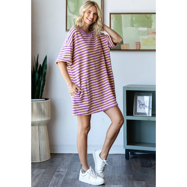 Stripe Knit Pullover Oversized Tee Dress #V002