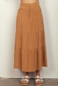 Soft Solid Linen Tired Midi Skirt #S363