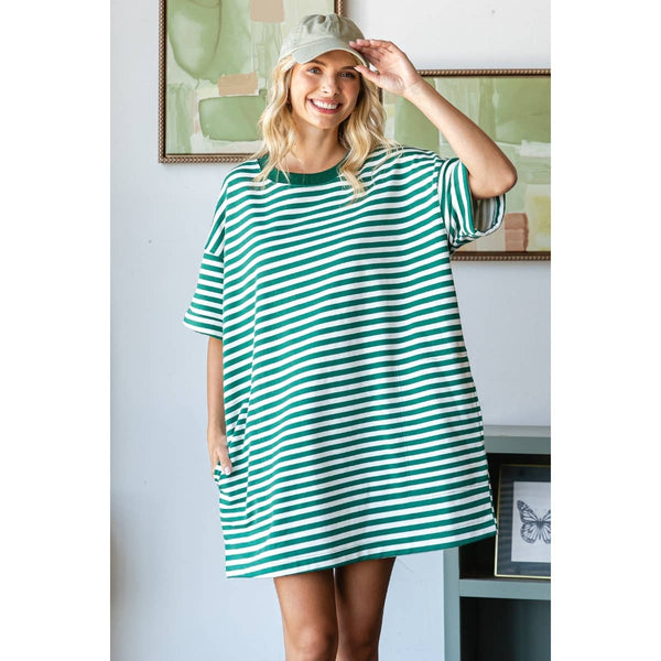 Stripe Knit Pullover Oversized Tee Dress #V002