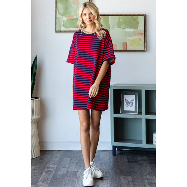 Stripe Knit Pullover Oversized Tee Dress #V002