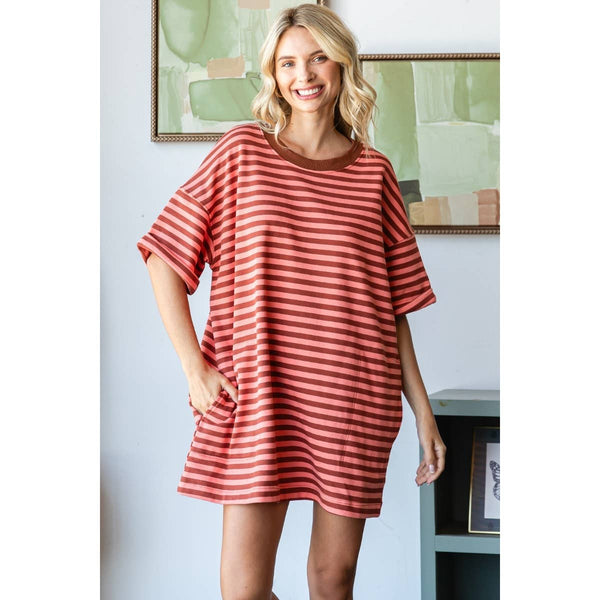 Stripe Knit Pullover Oversized Tee Dress #V002