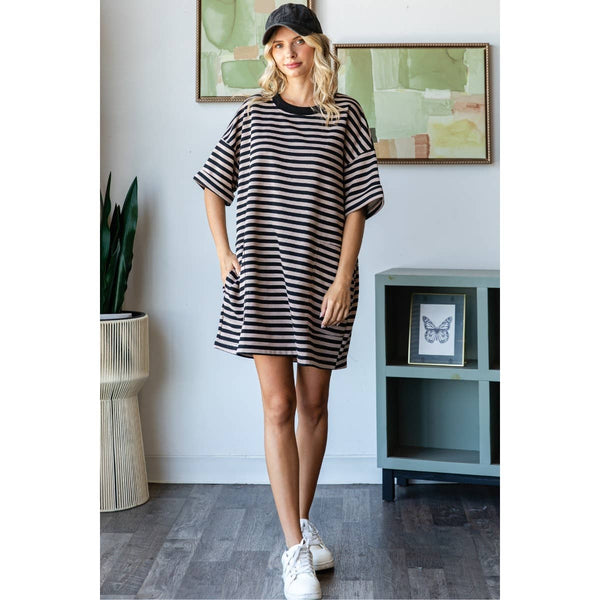 Stripe Knit Pullover Oversized Tee Dress #V002