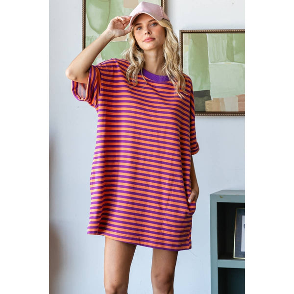 Stripe Knit Pullover Oversized Tee Dress #V002