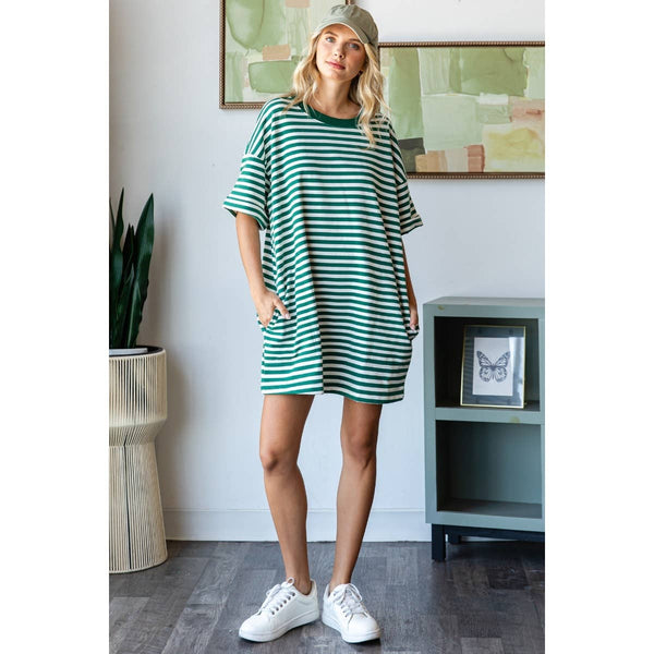 Stripe Knit Pullover Oversized Tee Dress #V002