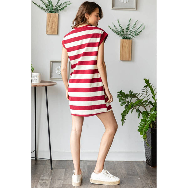 Bold Stripe Texture Knit Pullover Short Dress #V001