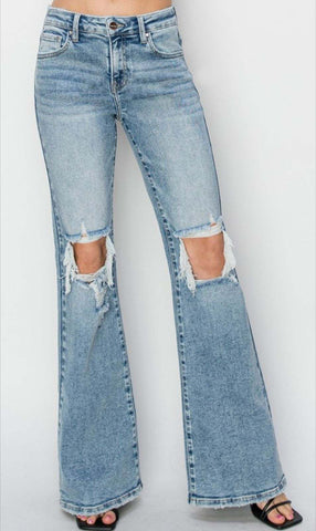 Risen Mid Rise Distressed Flare Jeans  #RDP5376