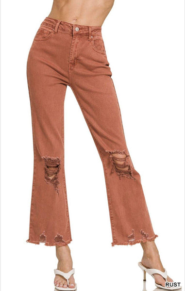 Acid Washed Distressed High Waist Straight Pants #S374