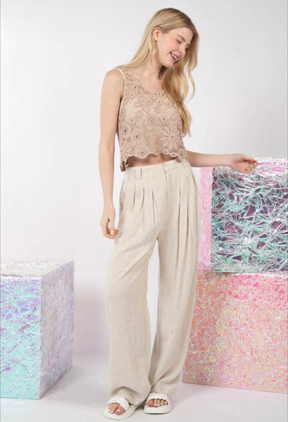 Solid Linen Pleated Wide Leg Comfy Pants #S362