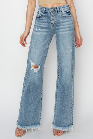 Risen Mid Rise Button Down Wide Leg Jeans #S392