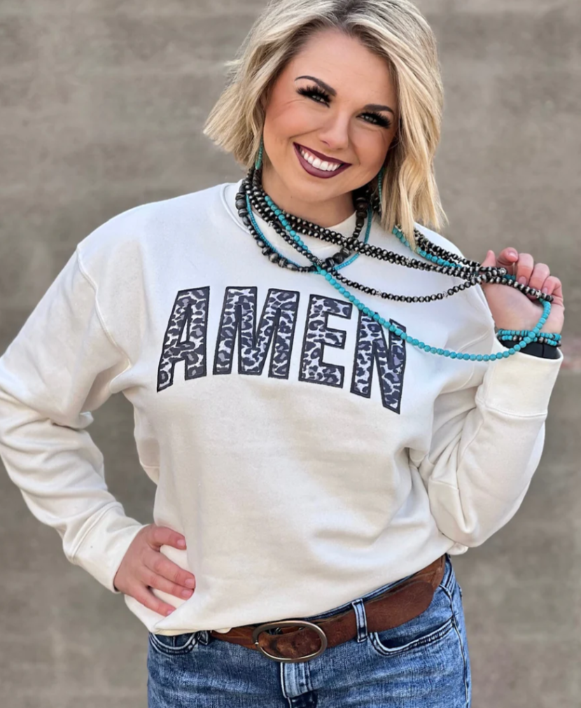 Amen with Grey Leopard Applique Sweatshirt#TT2506