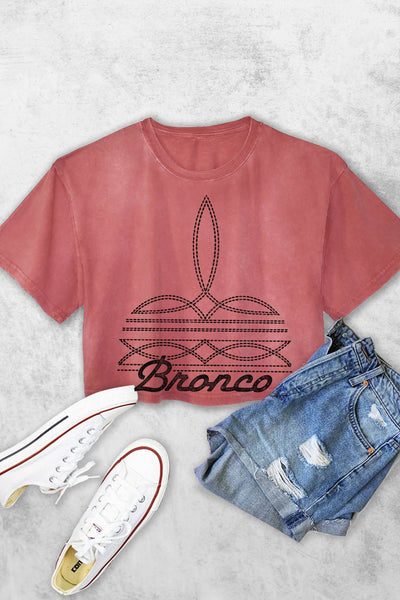 BRONCO WESTERN BOOT STITCH WOMEN'S VINTAGE GRAPHIC CROP TOP #RC05