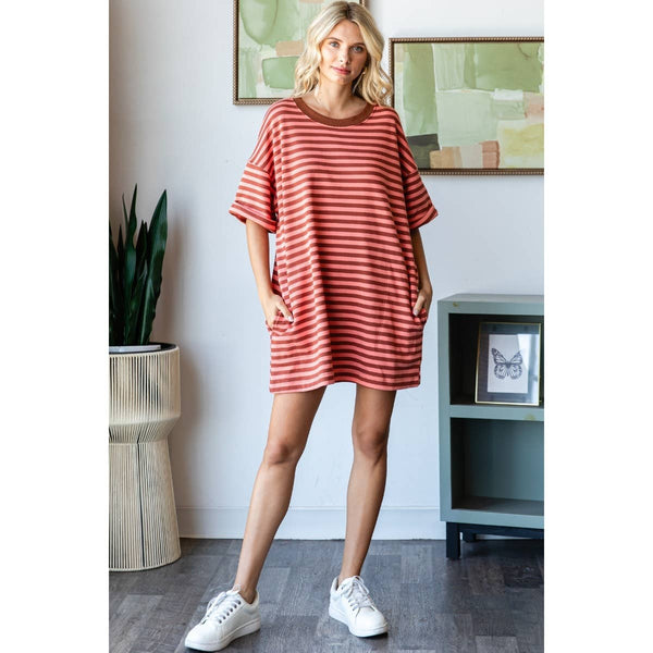 Stripe Knit Pullover Oversized Tee Dress #V002