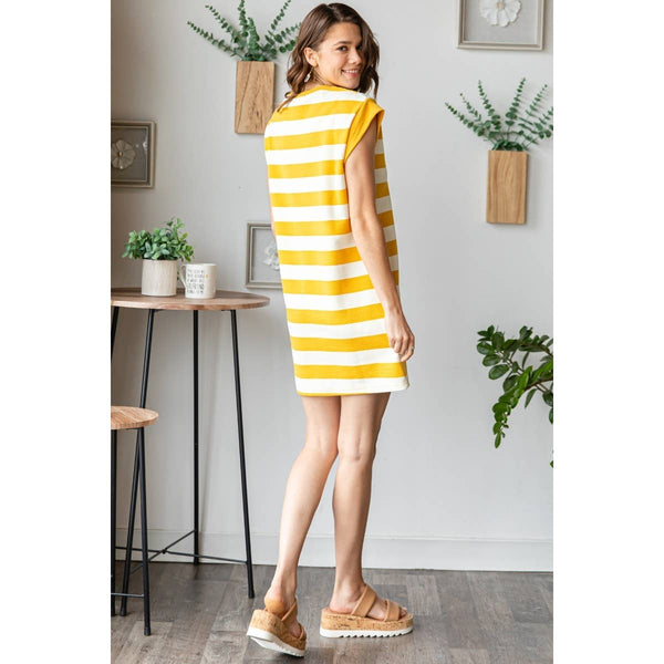 Bold Stripe Texture Knit Pullover Short Dress #V001