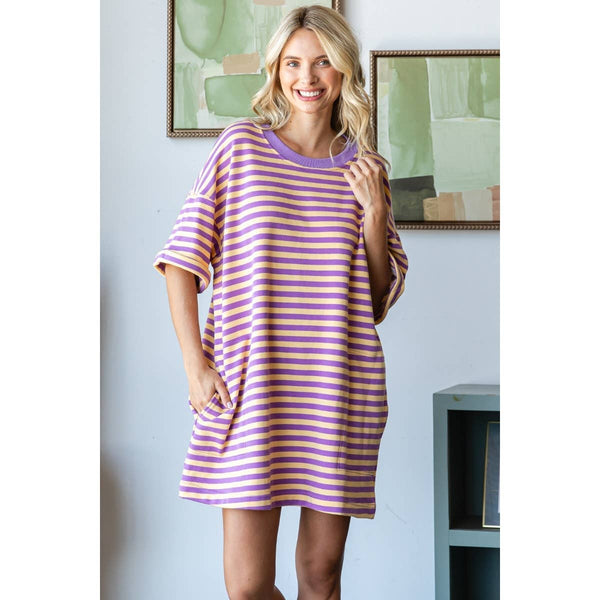 Stripe Knit Pullover Oversized Tee Dress #V002