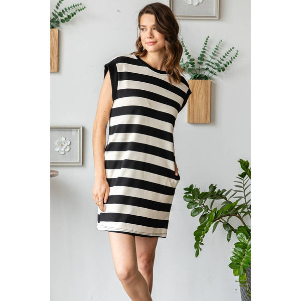 Bold Stripe Texture Knit Pullover Short Dress #V001