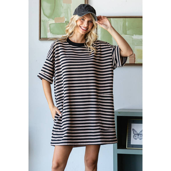 Stripe Knit Pullover Oversized Tee Dress #V002