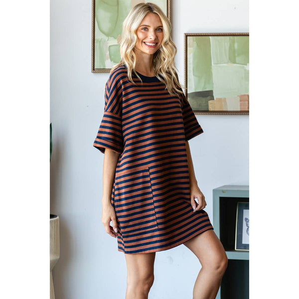 Stripe Knit Pullover Oversized Tee Dress #V002