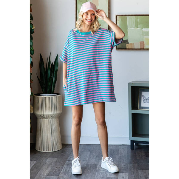 Stripe Knit Pullover Oversized Tee Dress #V002