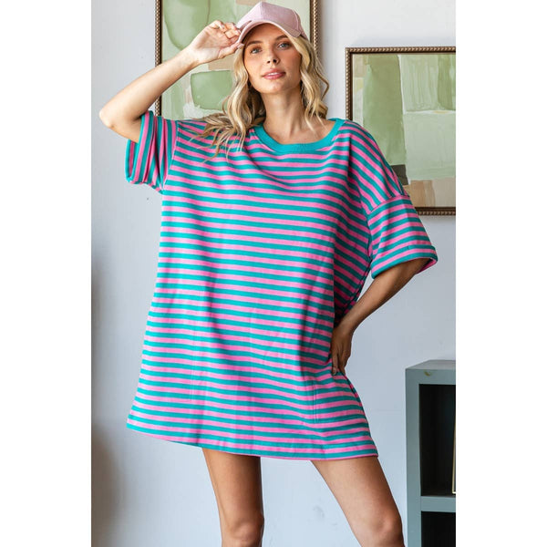 Stripe Knit Pullover Oversized Tee Dress #V002