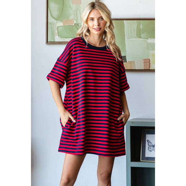 Stripe Knit Pullover Oversized Tee Dress #V002