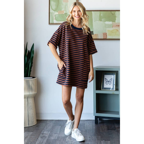 Stripe Knit Pullover Oversized Tee Dress #V002